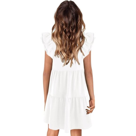 Summer Babydoll Dress Women 100% Polyester V-Neck Ruffle Cap Sleeve Mini - Picture 2 of 4